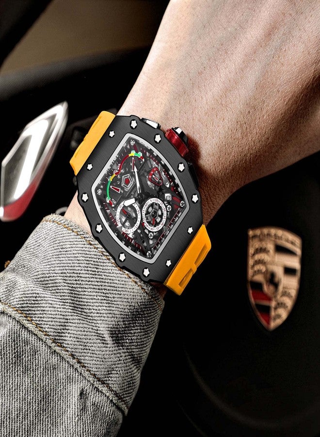 FANMIS Mens Luxury Tonneau Square Watches Analog Punk Chronograph Unique Sports Wrist Watch Japanese Movement Luminous Design with Rubber Band (Black Yellow) - Image 4